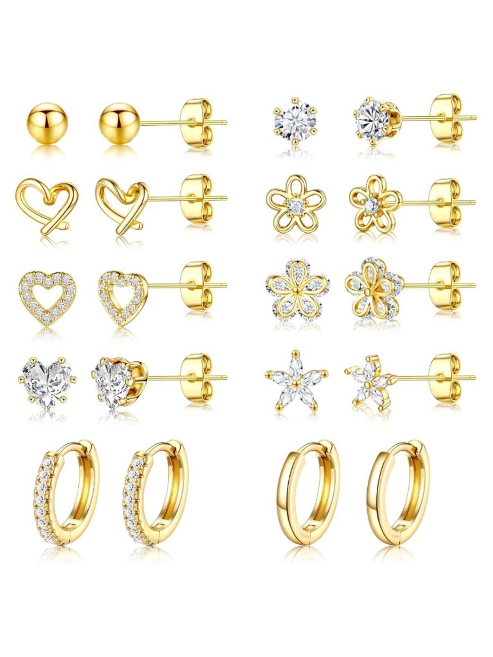 14K Gold Plated Stud Earrings Set Hypoallergenic CZ Dainty Gift
